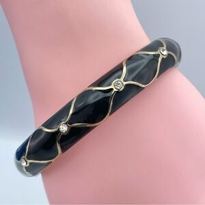 Black Enamel Gold Tone Hinged Bangle Bracelet w/ Crystal Accents